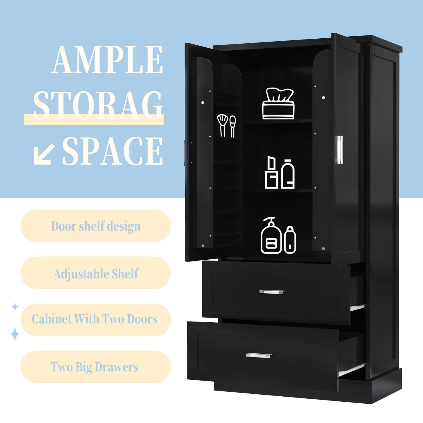 Vimora™ - Tall Black Bathroom Storage Cabinet with Doors, Drawers & Adjustable Shelf