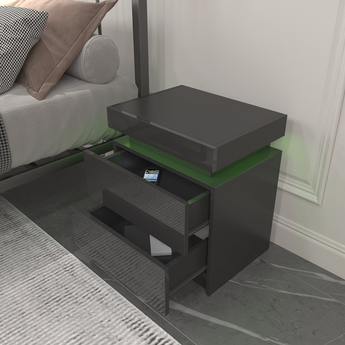 Vimora™ - Modern Black LED Nightstand with Glossy Drawers & Multi-Colour Lighting