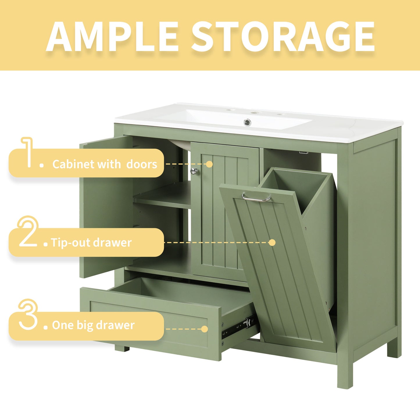 Vimora™ - 36-Inch Green Bathroom Vanity with Sink, Solid Wood & MDF, Modern Design, Ample Storage