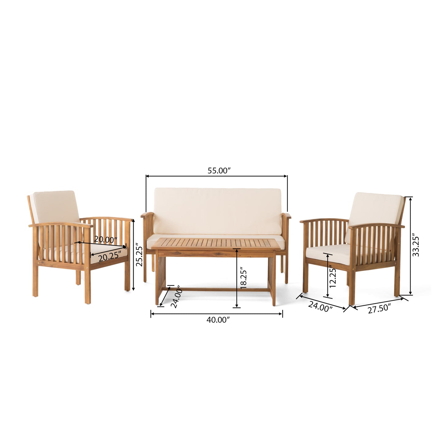 Vimora™ - Brown Acacia Wood 4PC Patio Conversation Set with Water-Resistant Cushions