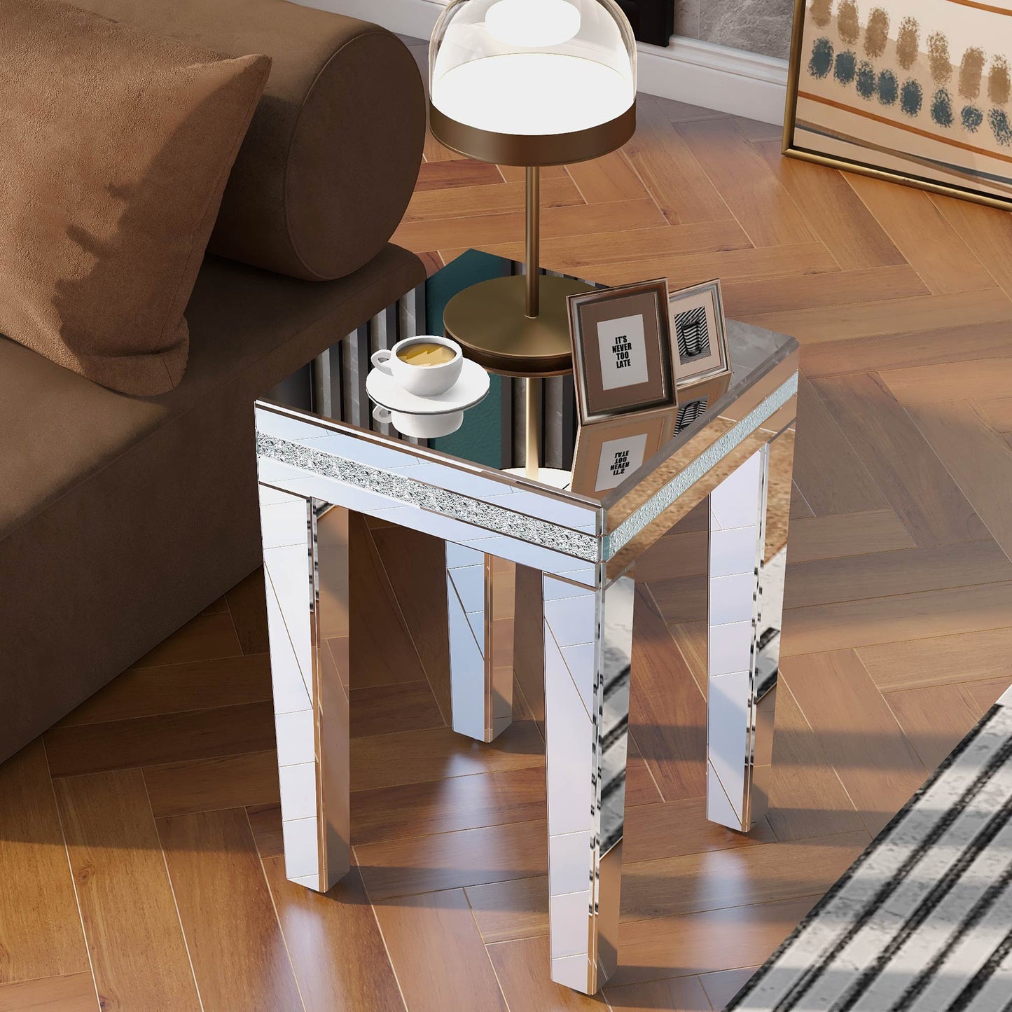 Vimora™ - Modern Glass Mirrored Silver End Table with Adjustable Height Legs
