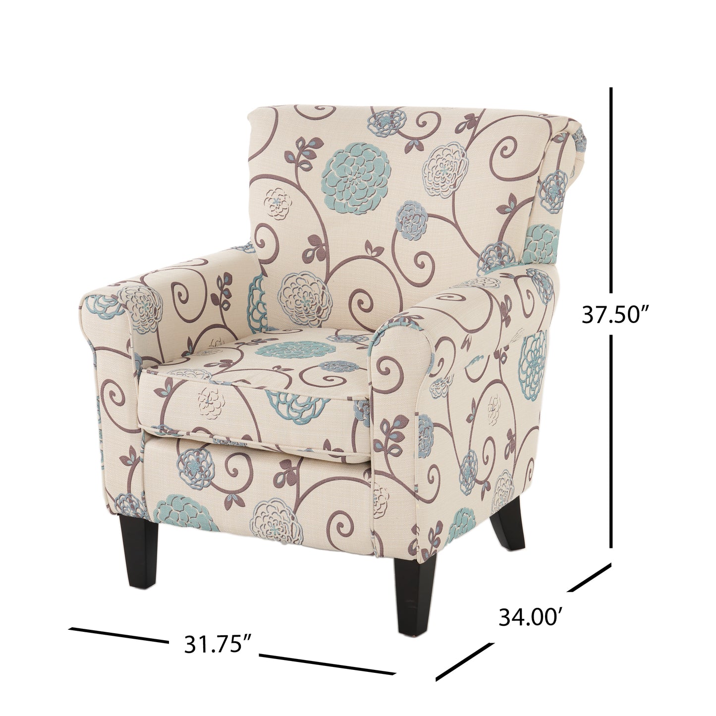 Vimora™ - Jasmine Club Chair in Blue Floral Fabric with Chic Rolled Armrests
