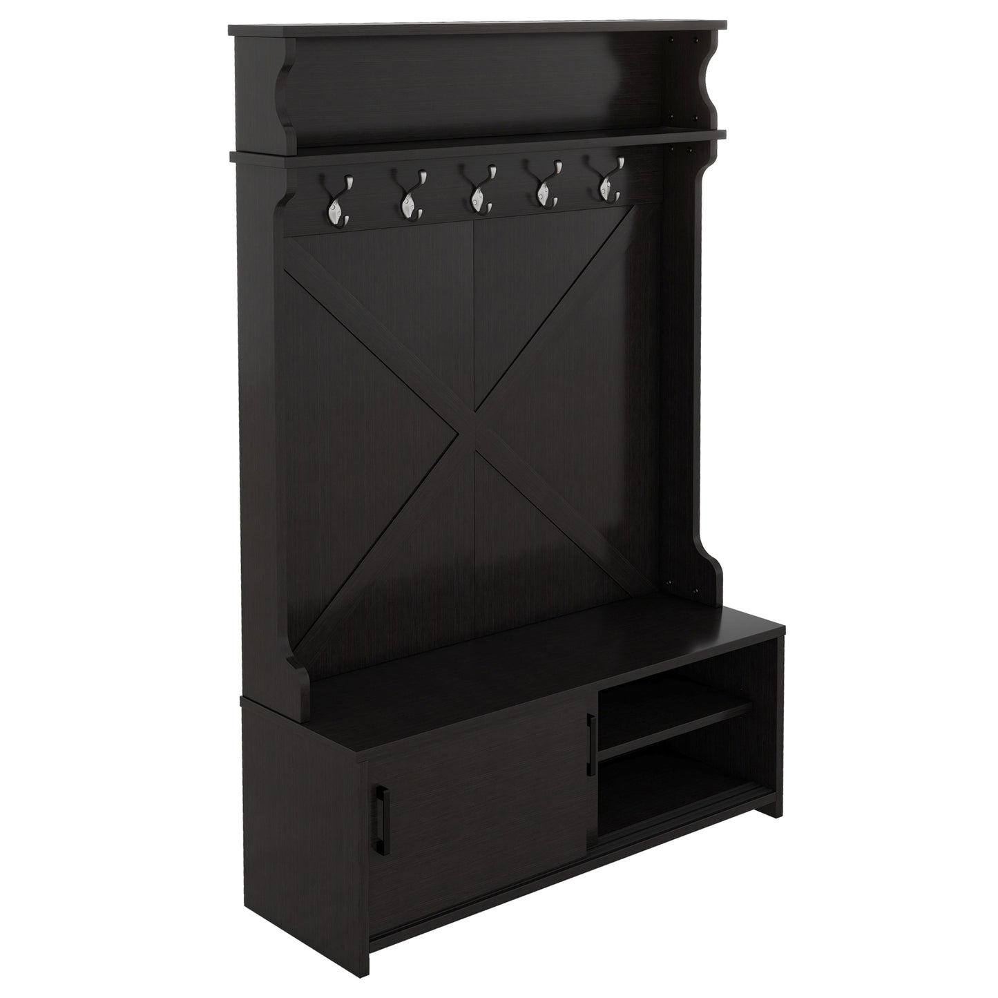 Vimora™ - Black Hall Tree with Storage Bench, Sliding Door & 5 Hooks