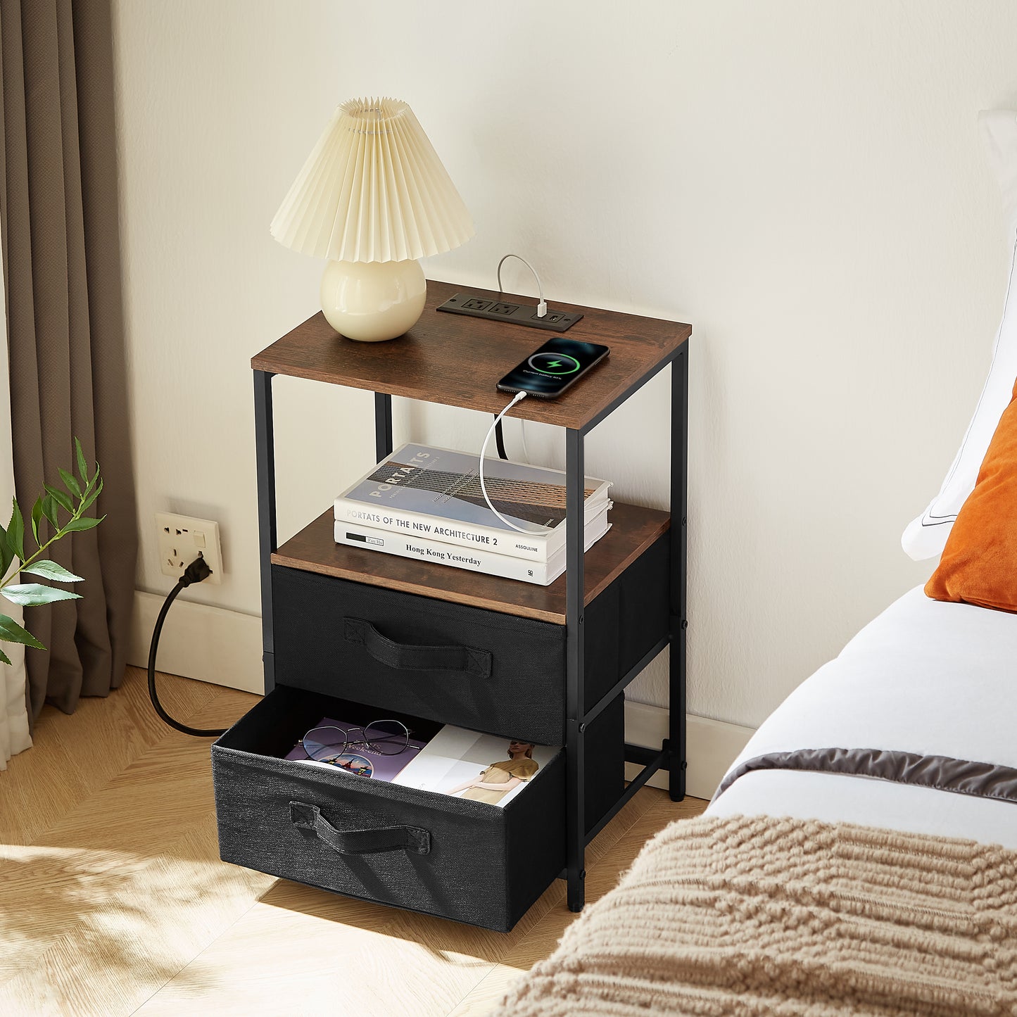 Ella™️ - Compact Nightstand with Charging Station, USB Port, 2 Drawers & Open Shelf