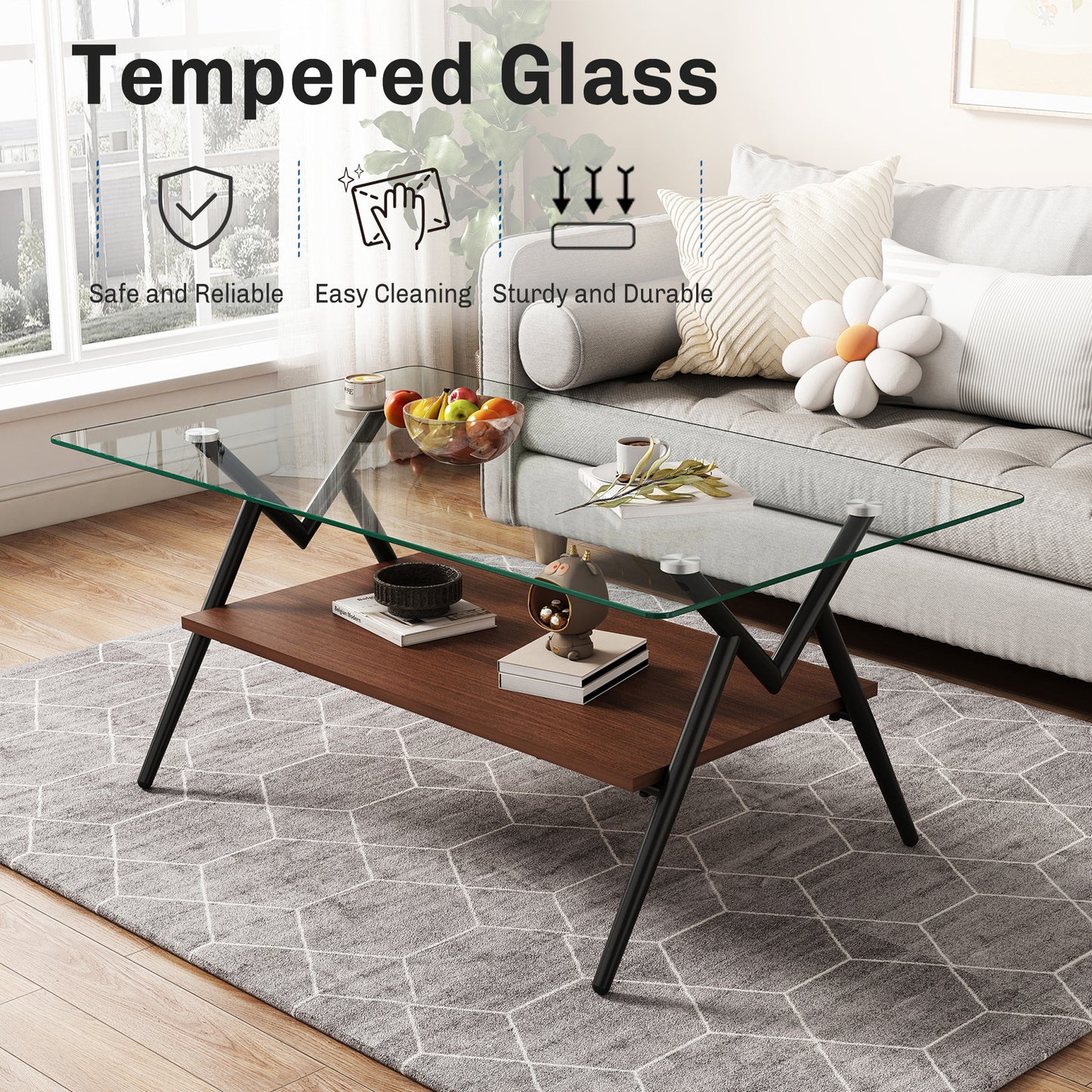 Freja™️ - Rectangle Coffee Table with Tempered Glass Top and Black Metal Legs