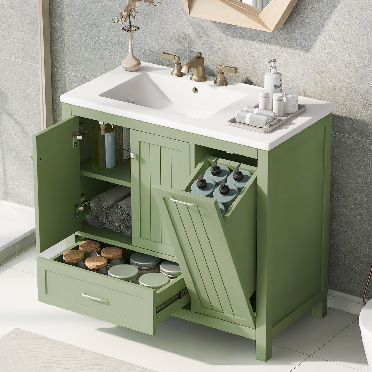 Vimora™ - 36-Inch Green Bathroom Vanity with Sink, Solid Wood & MDF, Modern Design, Ample Storage