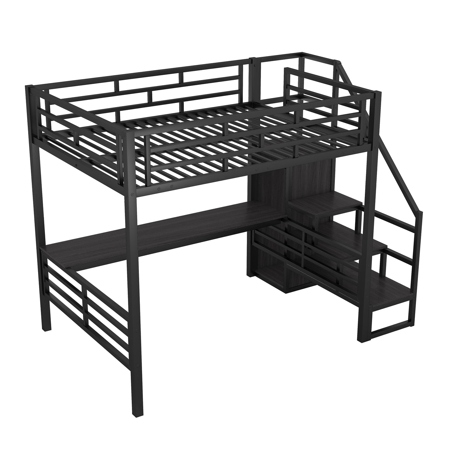 Vimora™ - Full Size Metal Loft Bed with Desk, Storage Staircase and Wardrobe in Black