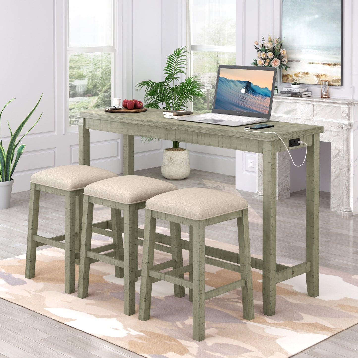 Vimora™ - Rustic 4-Piece Counter Height Dining Set with Padded Stools and Charging Socket