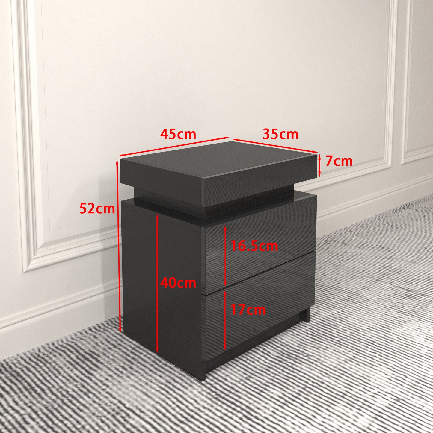 Vimora™ - Modern Black LED Nightstand with Glossy Drawers & Multi-Colour Lighting