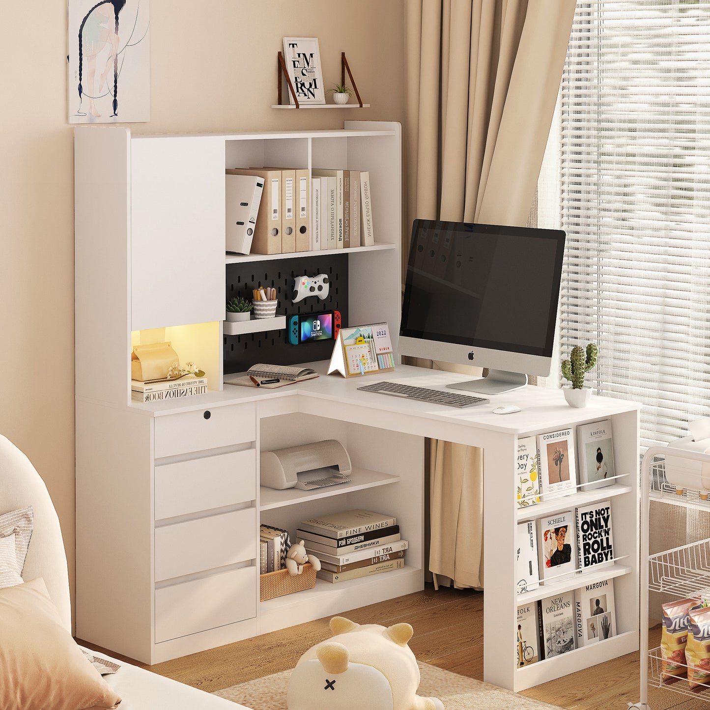 Vimora™ - L-Shaped Office Desk with Charger, Bookshelf, LED Lights & Storage Space