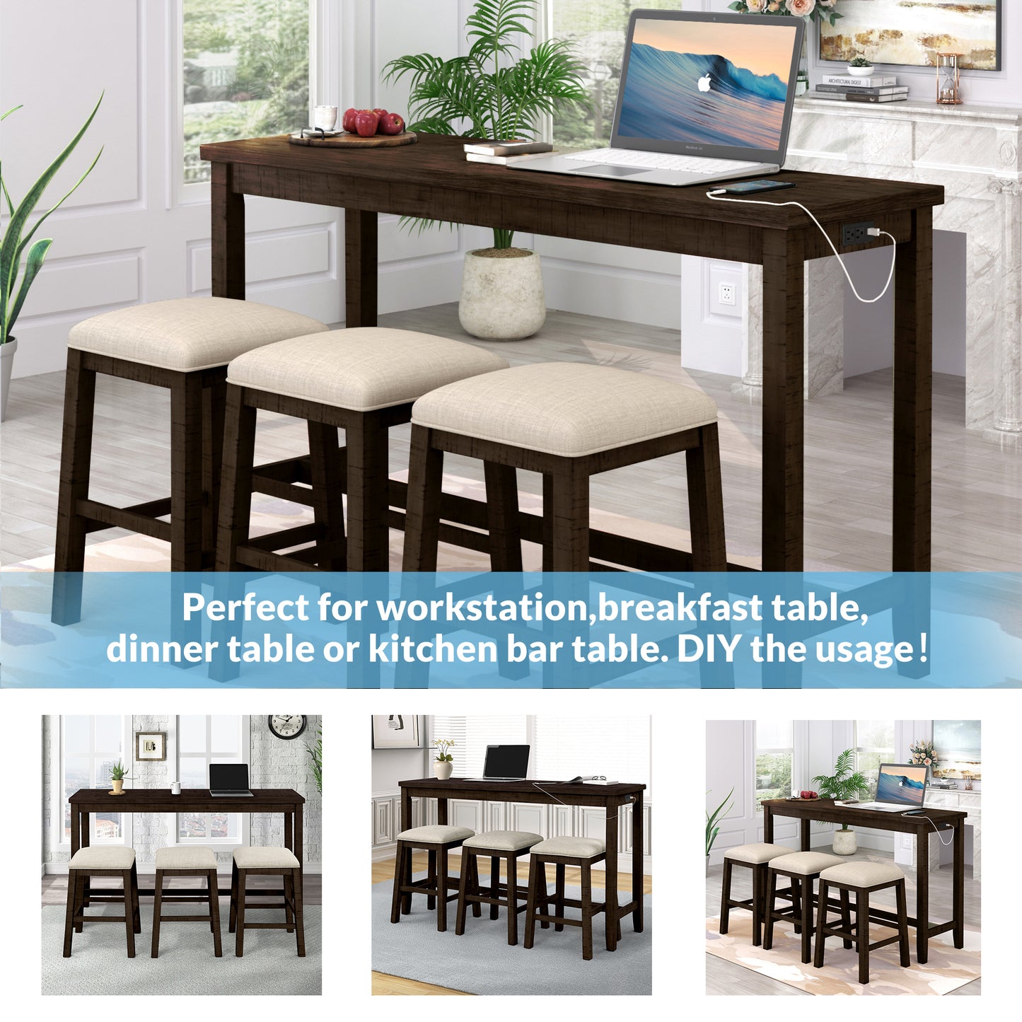 Vimora™ - Rustic Brown Counter Height Dining Set with Padded Stools and Built-in Charging