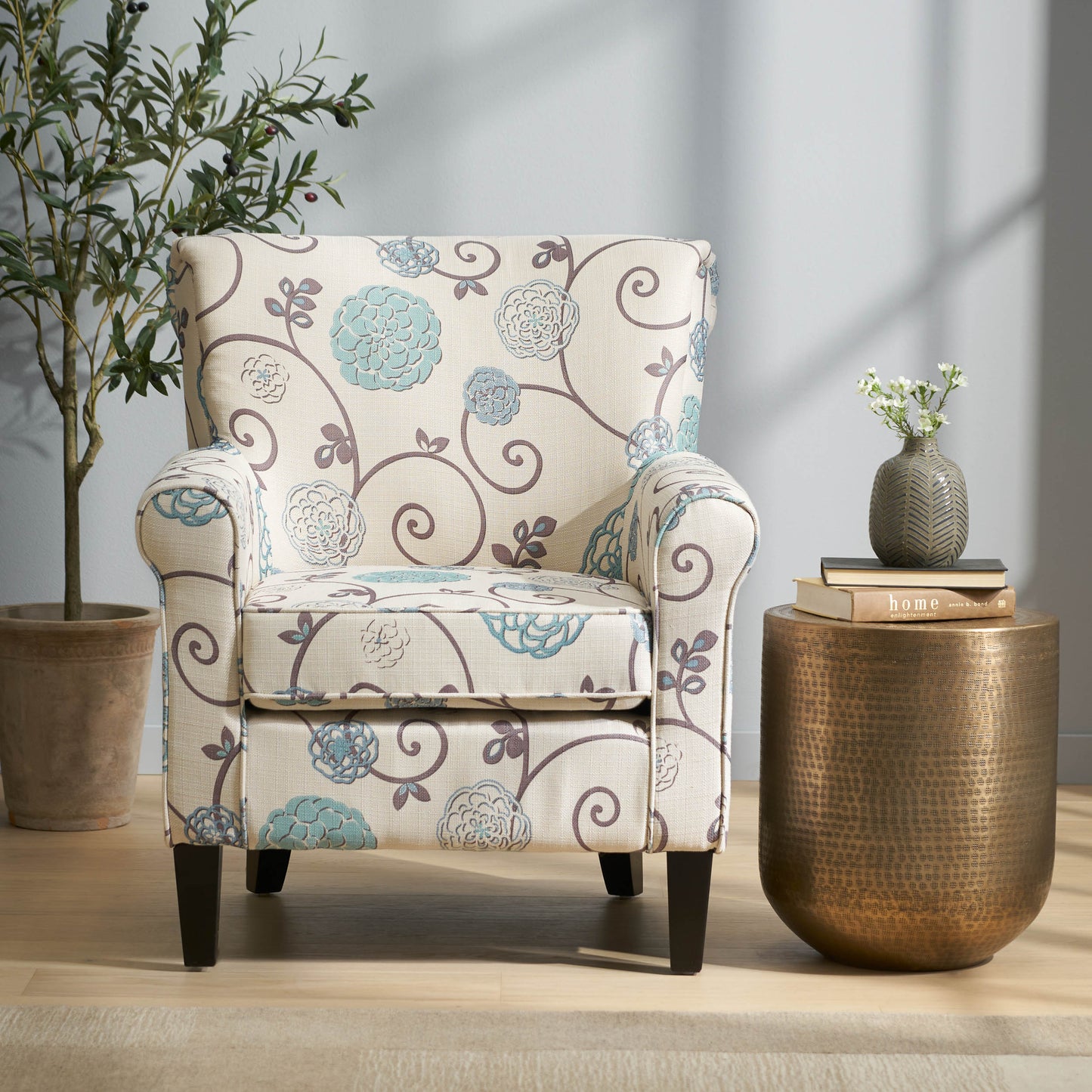 Vimora™ - Jasmine Club Chair in Blue Floral Fabric with Chic Rolled Armrests