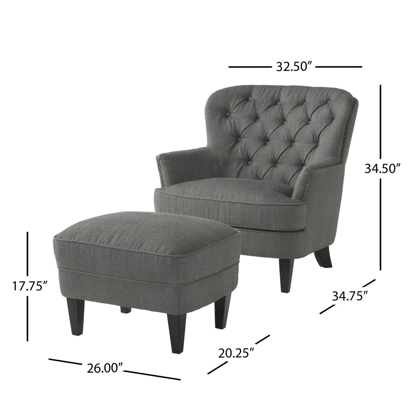 Vimora™ - Contemporary Grey Fabric Club Chair and Ottoman Set for Modern Living Room