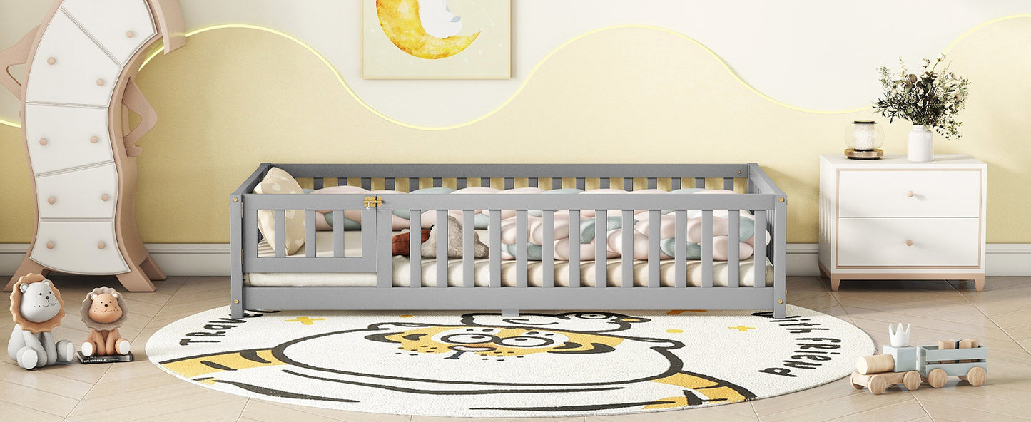 Vimora™ - Twin Size Gray Floor Bed with Safety Guardrails and Door for Kids