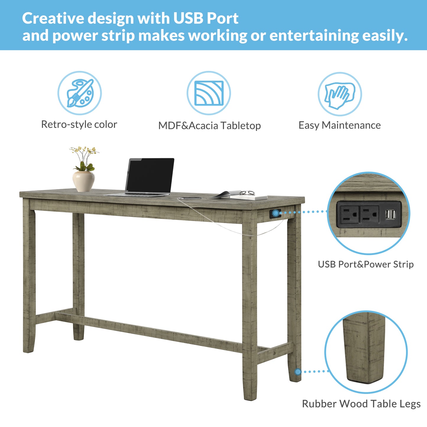 Vimora™ - Rustic 4-Piece Counter Height Dining Set with Padded Stools and Charging Socket