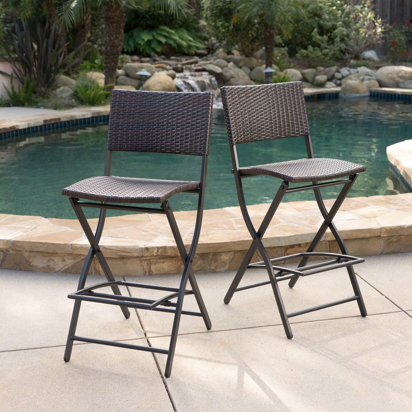 Vimora™ - Outdoor Foldable Wicker Barstools, Faux Rattan Patio Chairs, Brown Multi (Set of 2)