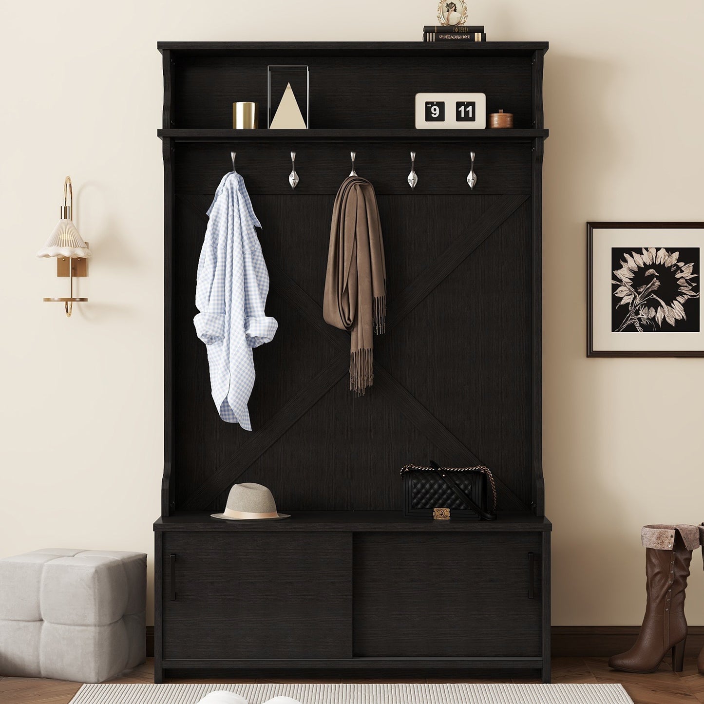Vimora™ - Black Hall Tree with Storage Bench, Sliding Door & 5 Hooks