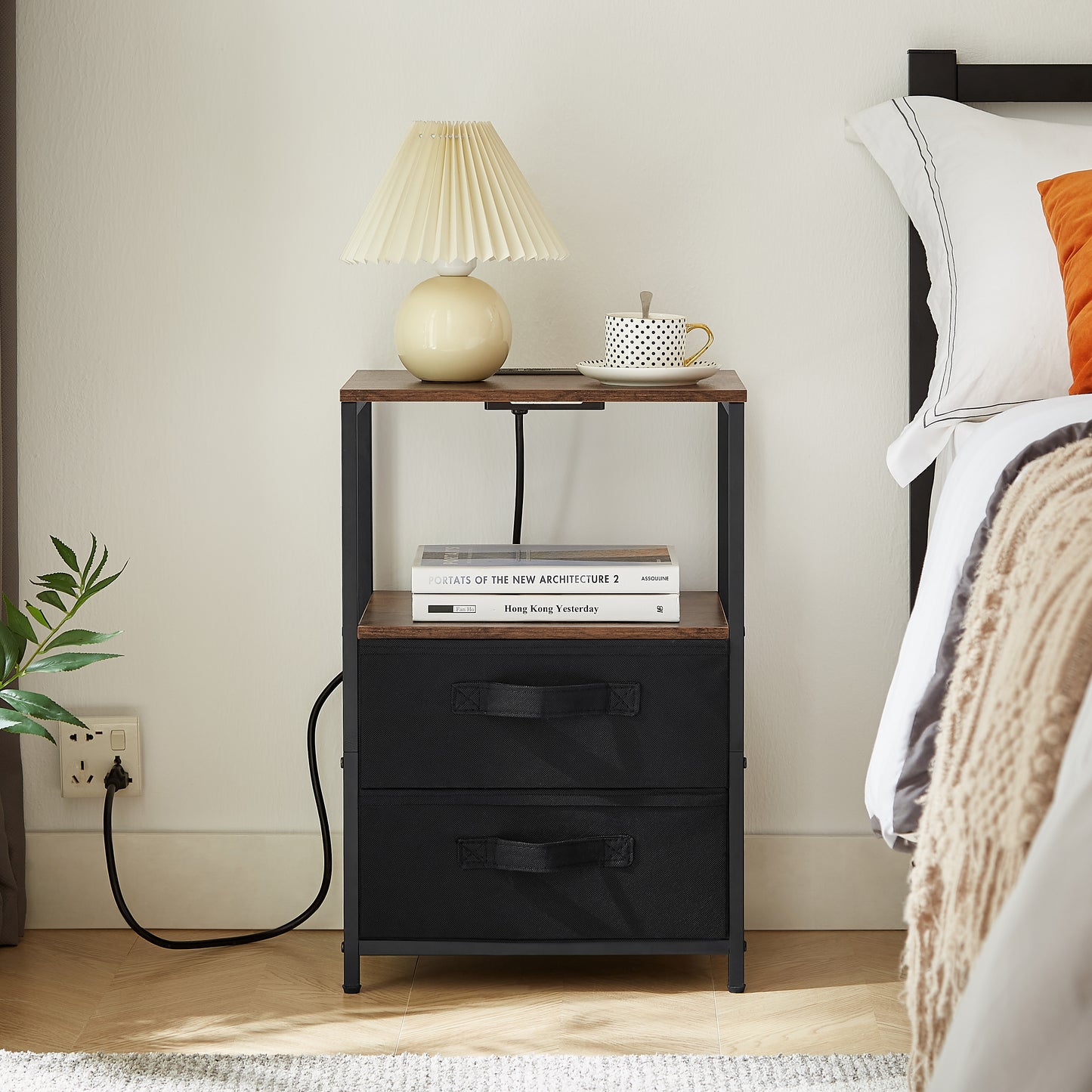Ella™️ - Compact Nightstand with Charging Station, USB Port, 2 Drawers & Open Shelf