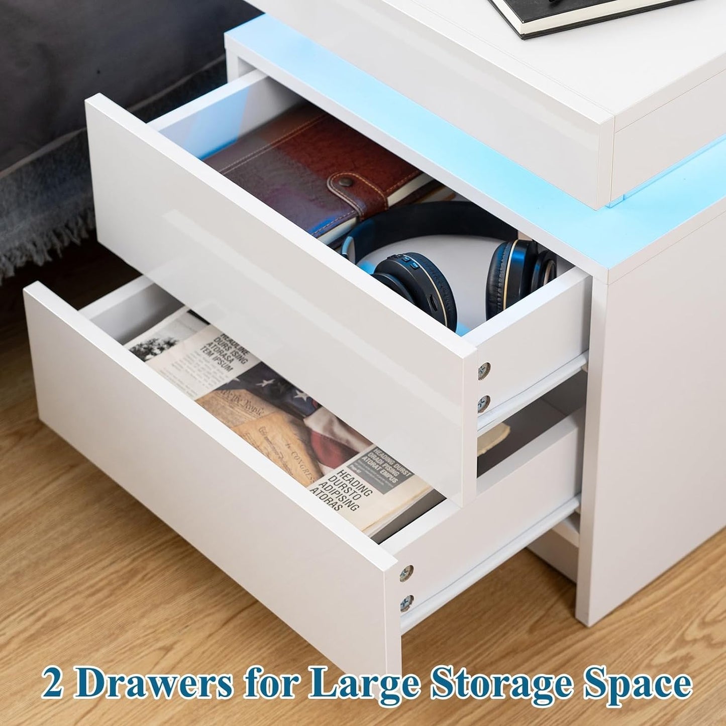 Vimora™ - Modern White Nightstand with 2 Drawers & LED Lights