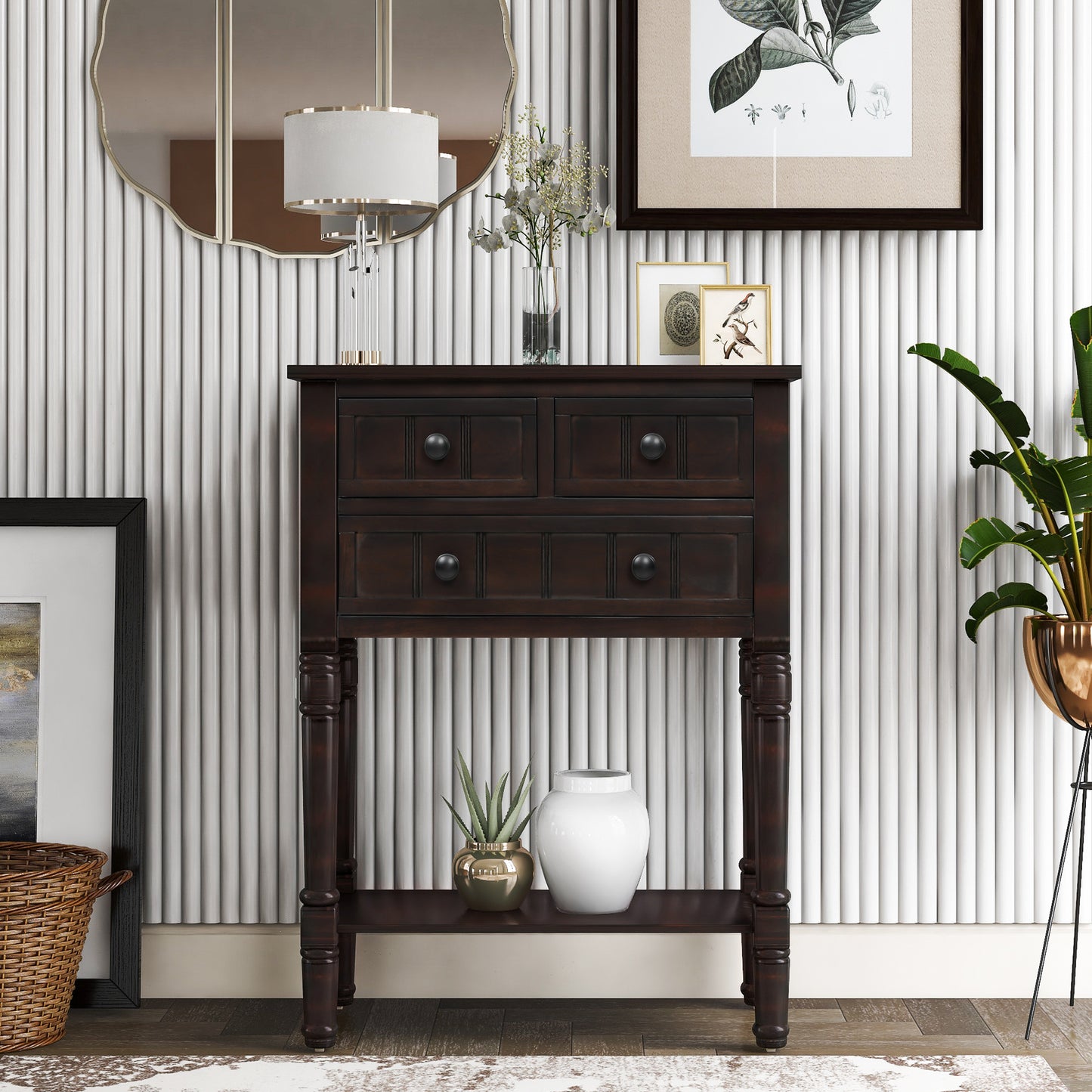 Sophie™️ - Narrow Console Desk with Storage Drawers and Bottom Shelf in Espresso