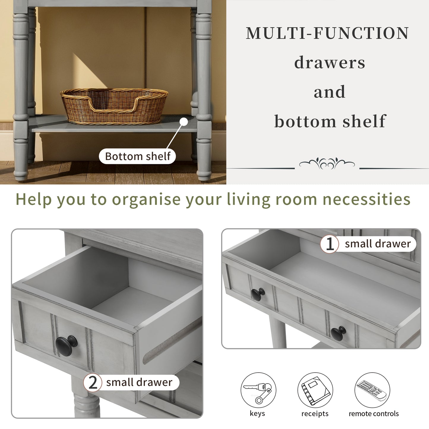 Luca™️ - Grey Washed Narrow Console Desk with 3 Drawers and Bottom Shelf for Living Room
