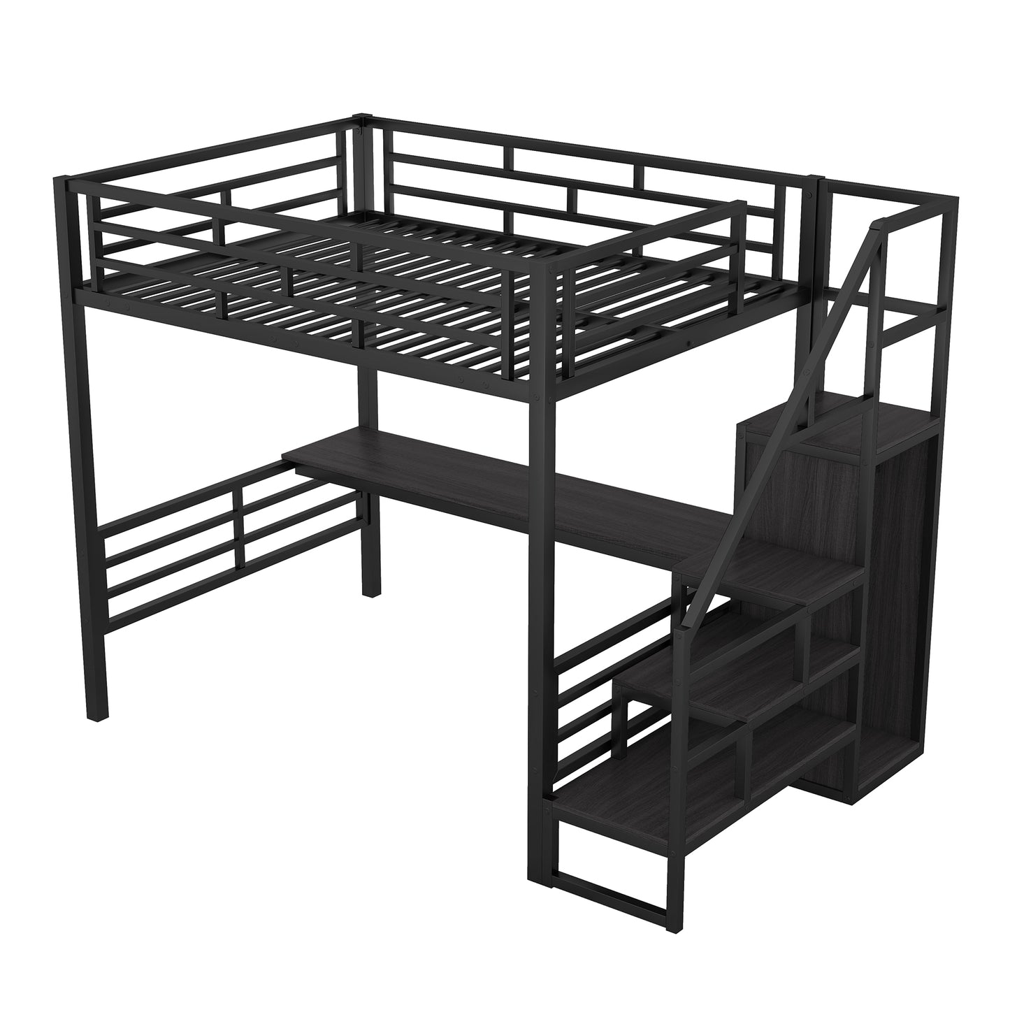 Vimora™ - Full Size Metal Loft Bed with Desk, Storage Staircase and Wardrobe in Black