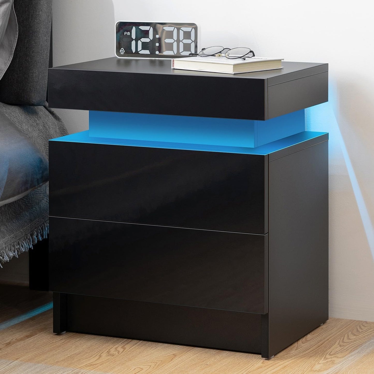Vimora™ - Modern Black LED Nightstand with Glossy Drawers & Multi-Colour Lighting