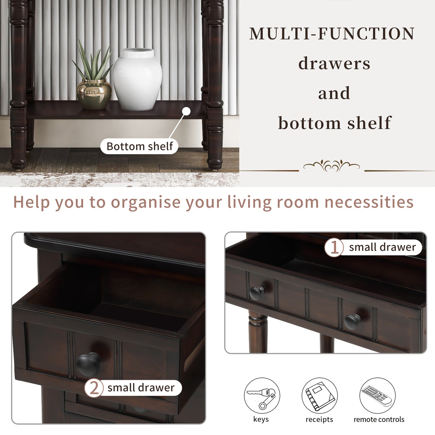 Sophie™️ - Narrow Console Desk with Storage Drawers and Bottom Shelf in Espresso