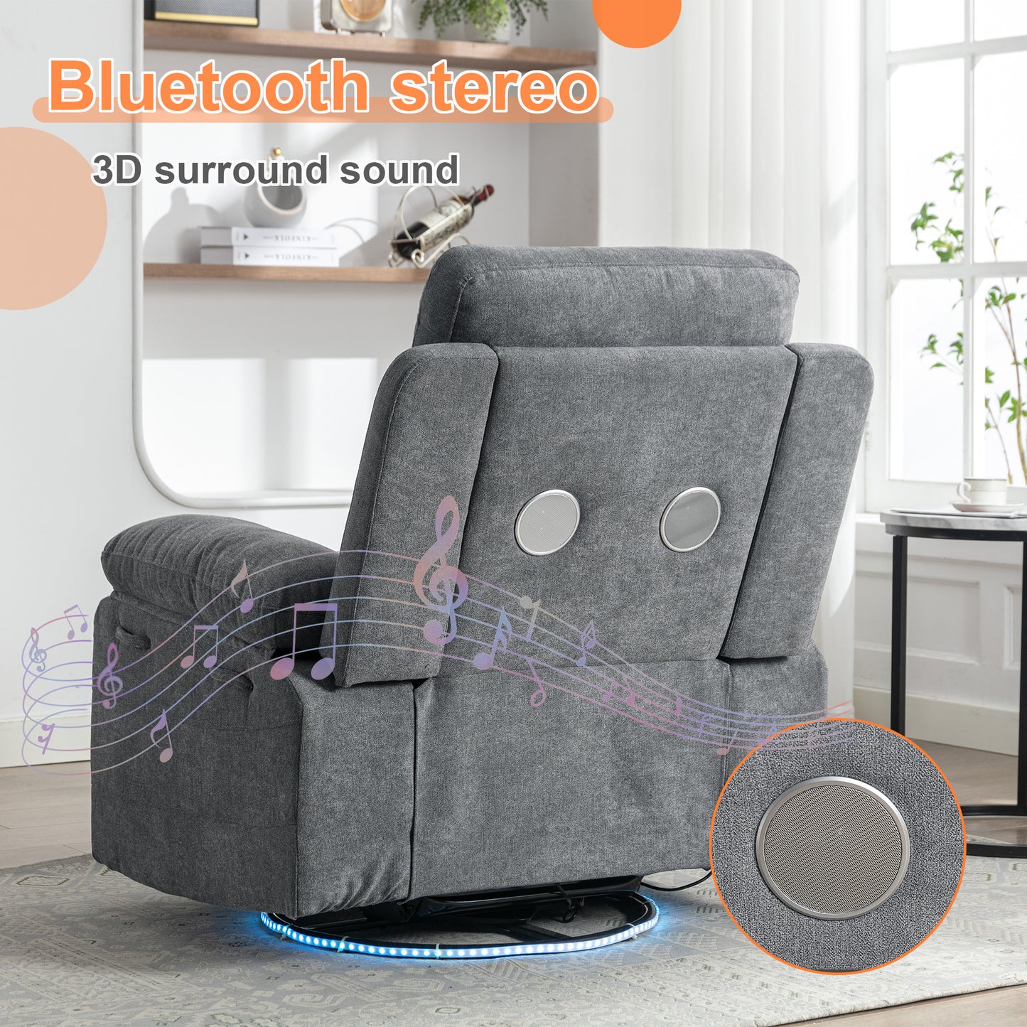 Vimora™ - Light Grey Power Recliner Glider Chair with Bluetooth Speaker and LED Light