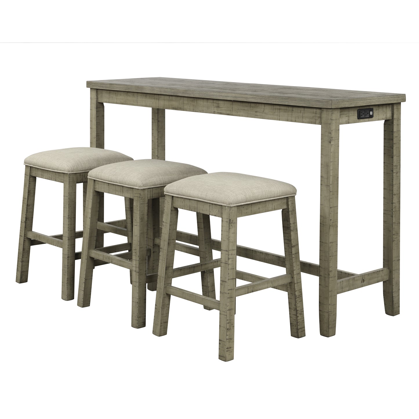 Vimora™ - Rustic 4-Piece Counter Height Dining Set with Padded Stools and Charging Socket