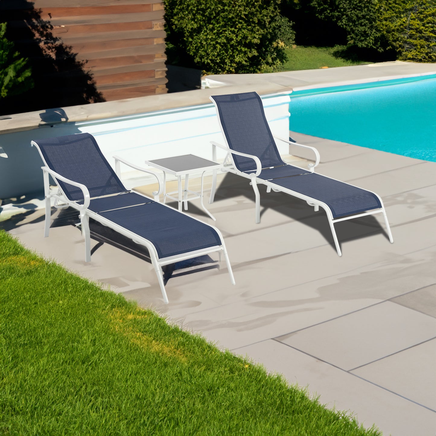 Vimora™ - Classic White-Blue 3-Piece Patio Lounge Chair Set with Adjustable Backrests