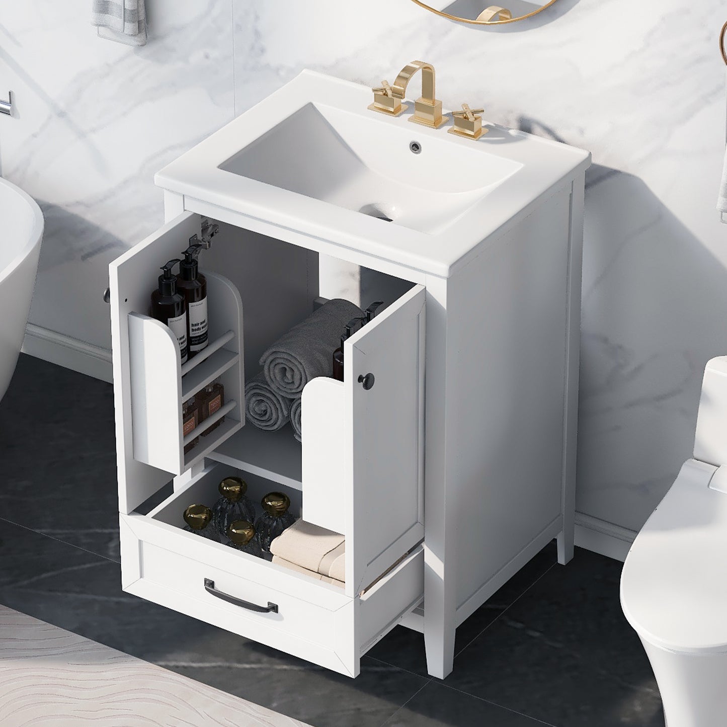 Vimora™ - 24" White Bathroom Vanity with Sink, Solid Wood & MDF, Ample Storage, Modern Design