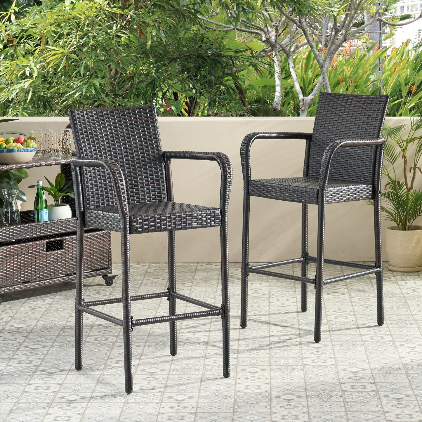 LITTLETON™ - Modern Outdoor Barstool Set with Faux Rattan and Iron Frame