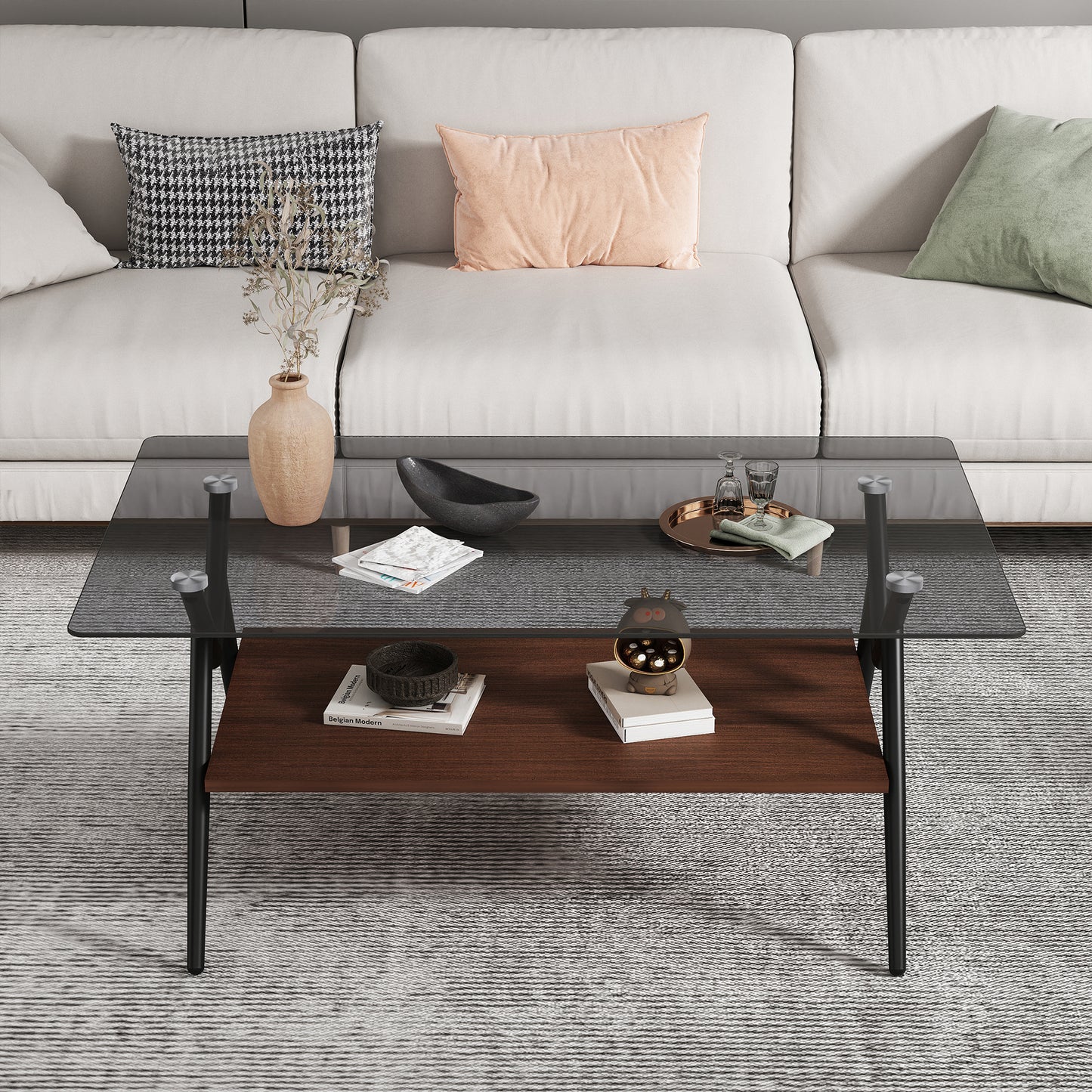 Vimora™ - Modern Rectangle Coffee Table with Tempered Gray Glass Top and Brown MDF Shelf