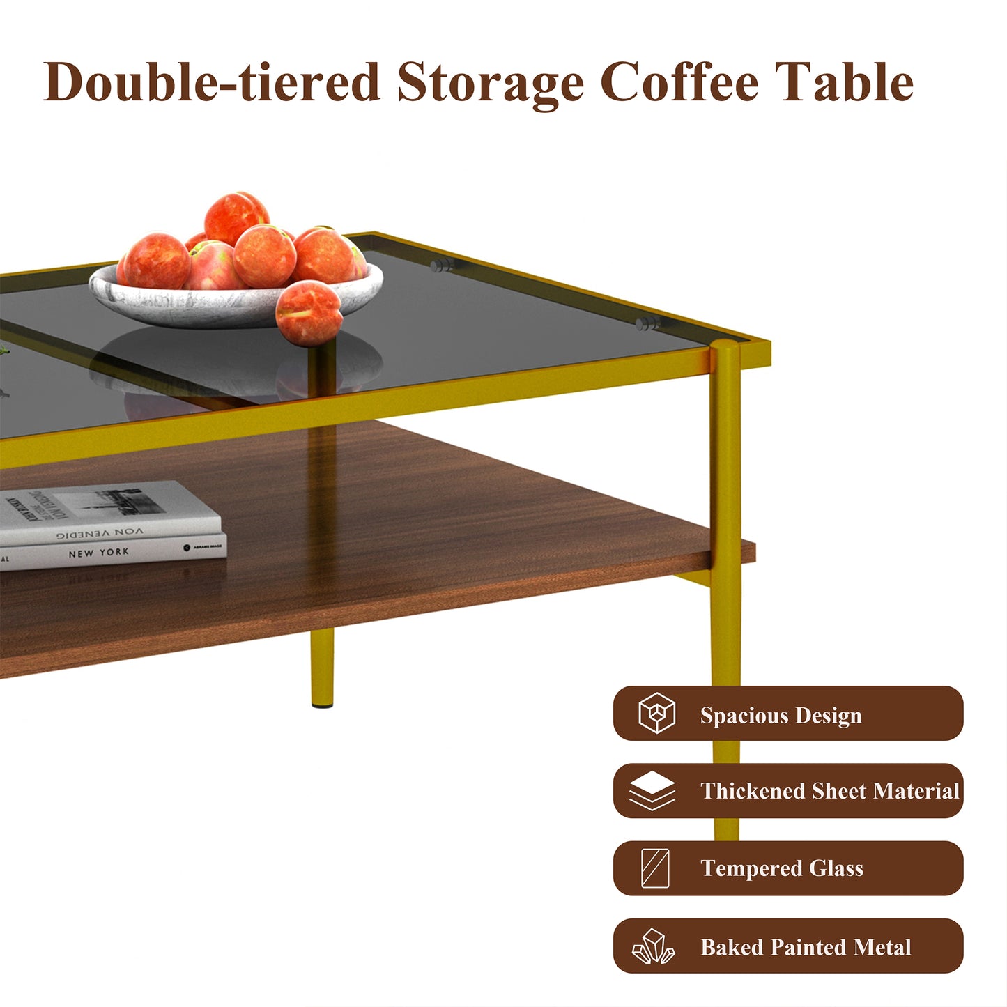 Lena™️ - Rectangle Coffee Table with Gray Glass Top and Golden Legs for Modern Living Rooms