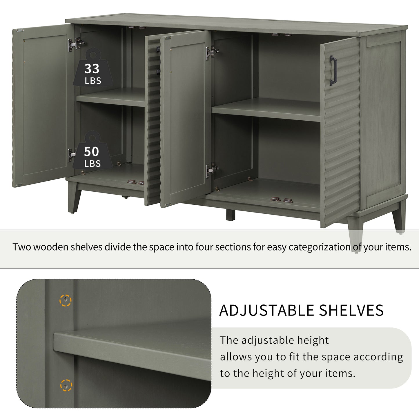 Vimora™ - Antique Gray 4-Door Sideboard with Adjustable Shelves and Metal Handles