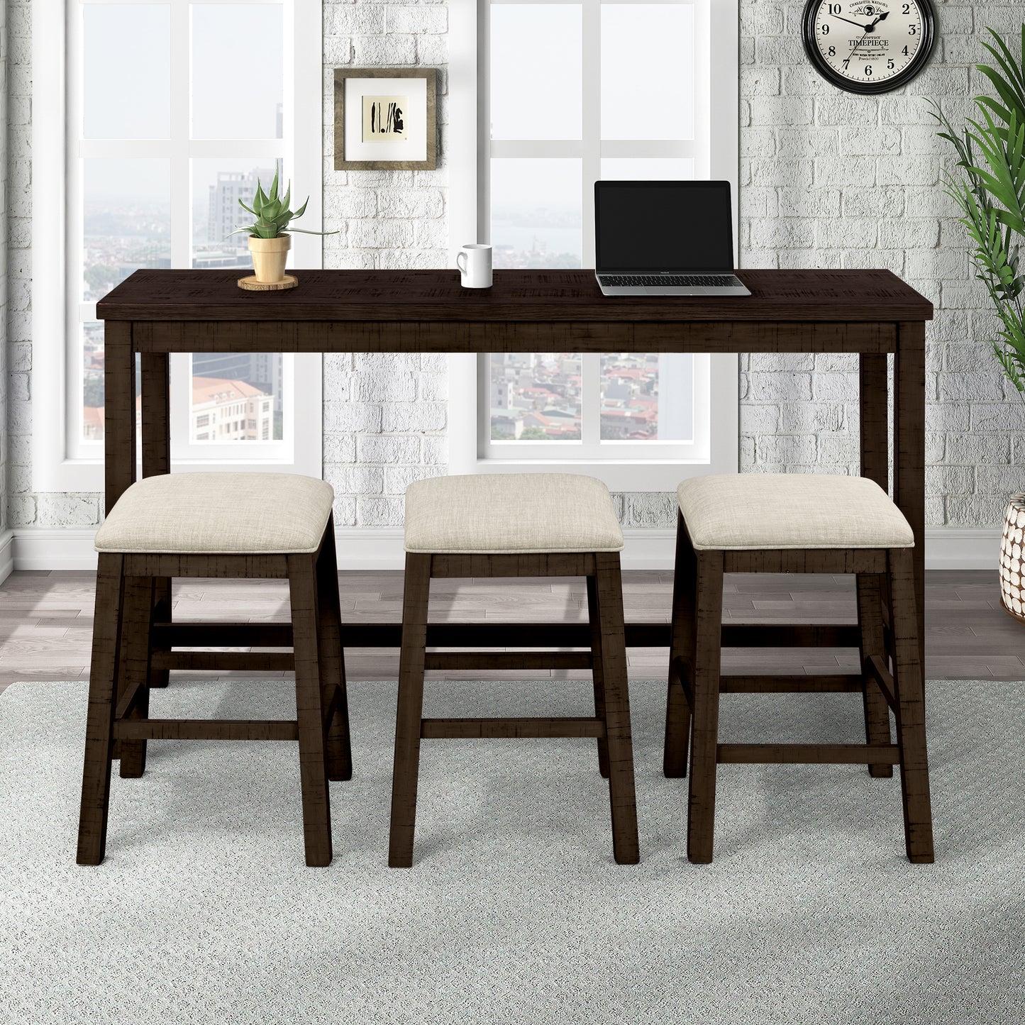 Vimora™ - Rustic Brown Counter Height Dining Set with Padded Stools and Built-in Charging