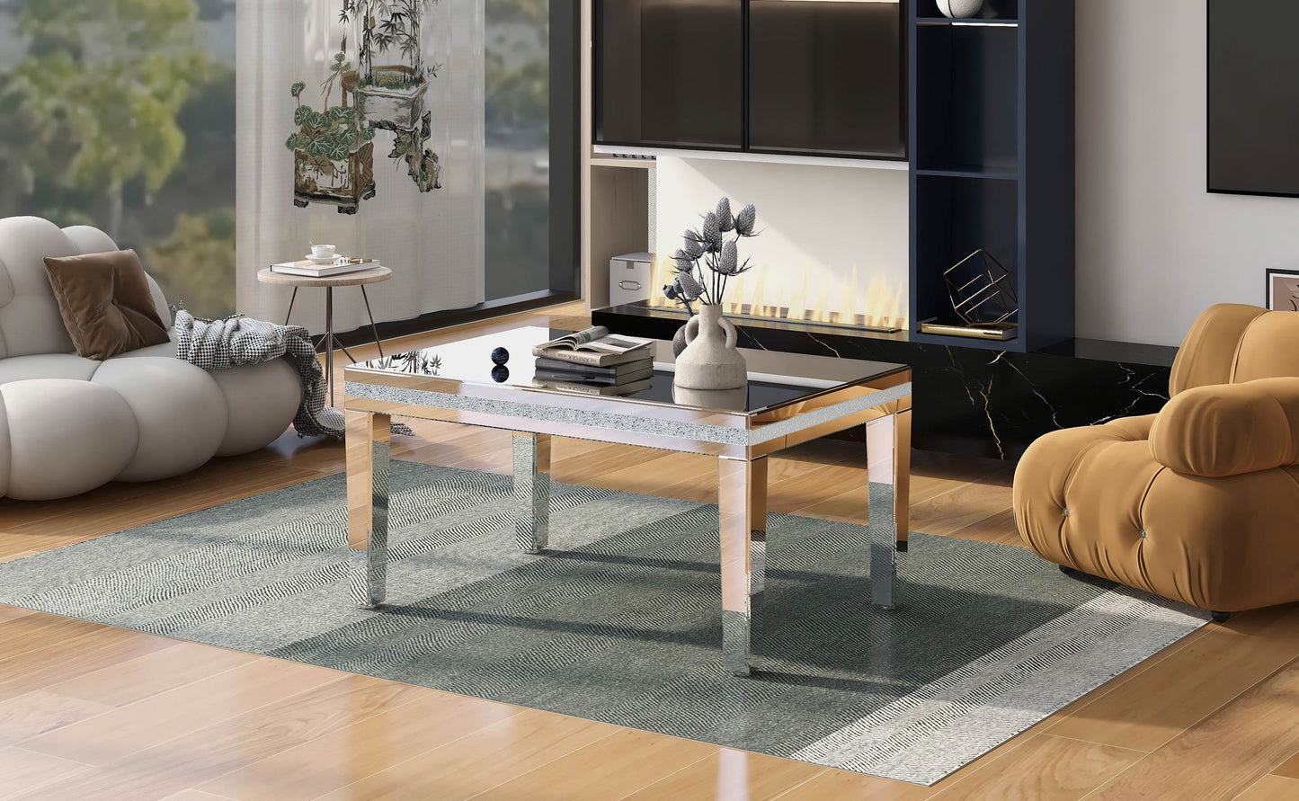 Sofia™️ - Modern Glass Mirrored Coffee Table with Crystal Design and Adjustable Height Legs
