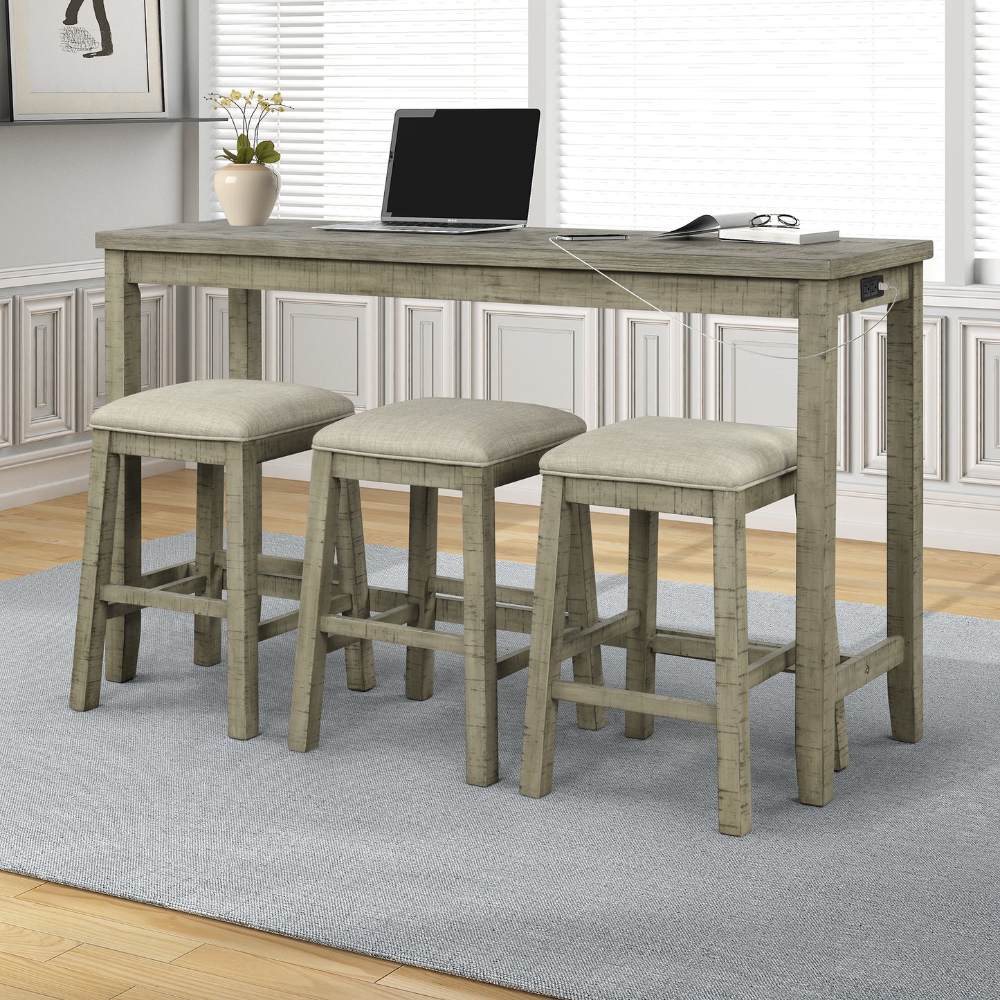 Vimora™ - Rustic 4-Piece Counter Height Dining Set with Padded Stools and Charging Socket