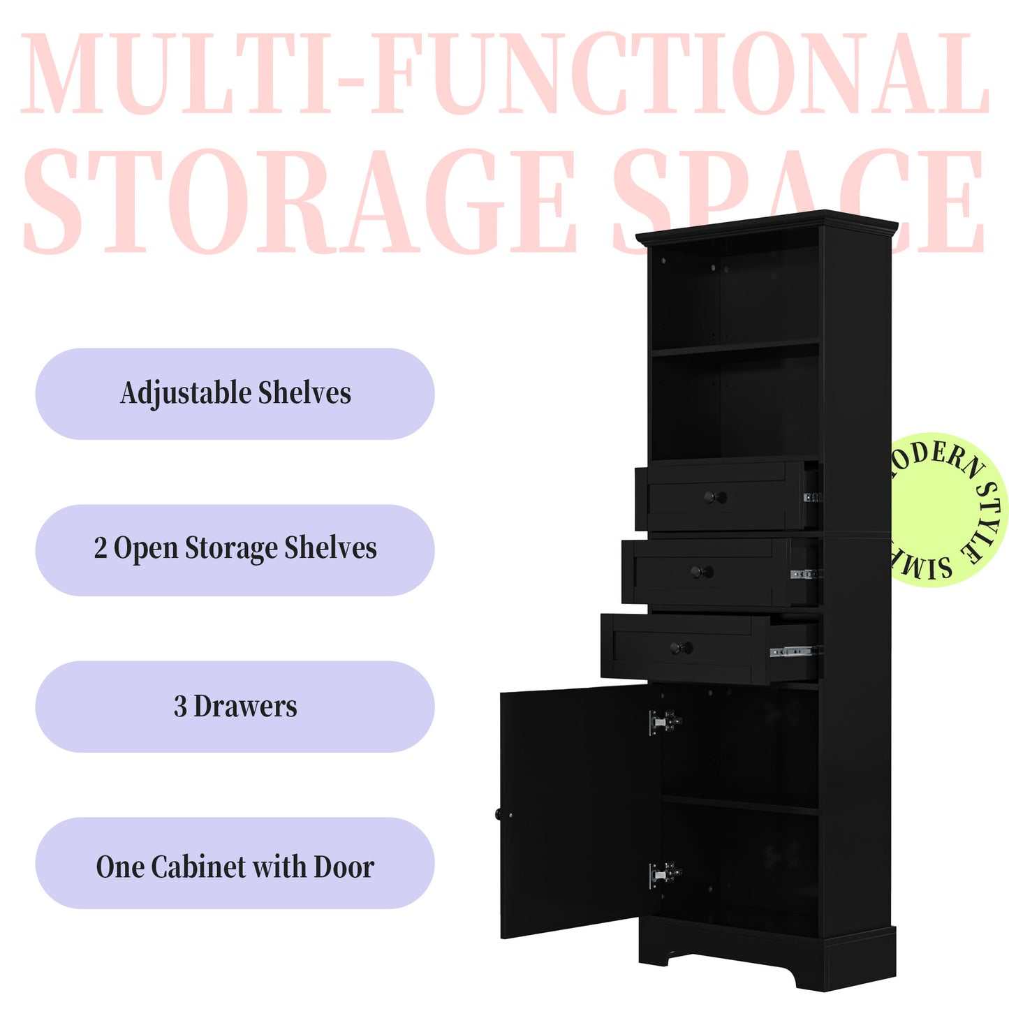 Vimora™ - Black Tall Storage Cabinet with 3 Drawers, Adjustable Shelves & MDF Finish