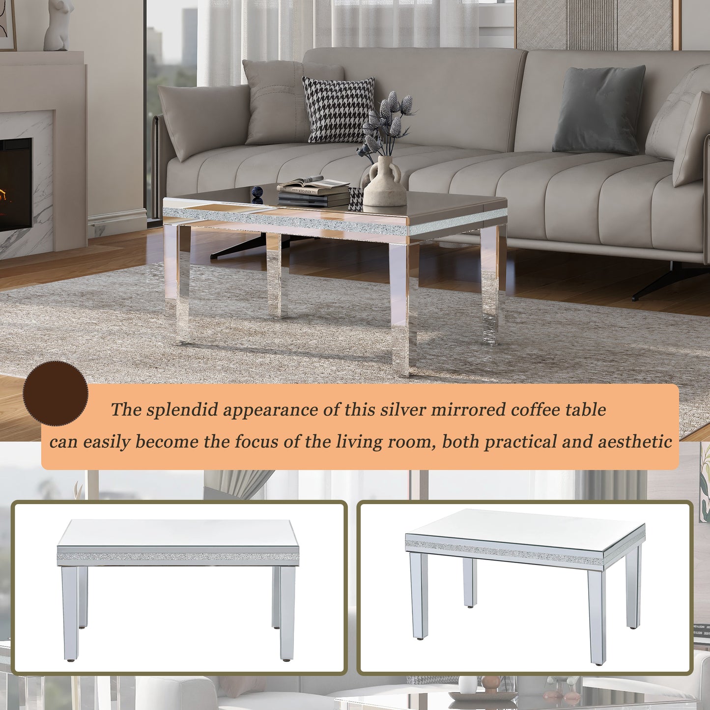 Sofia™️ - Modern Glass Mirrored Coffee Table with Crystal Design and Adjustable Height Legs