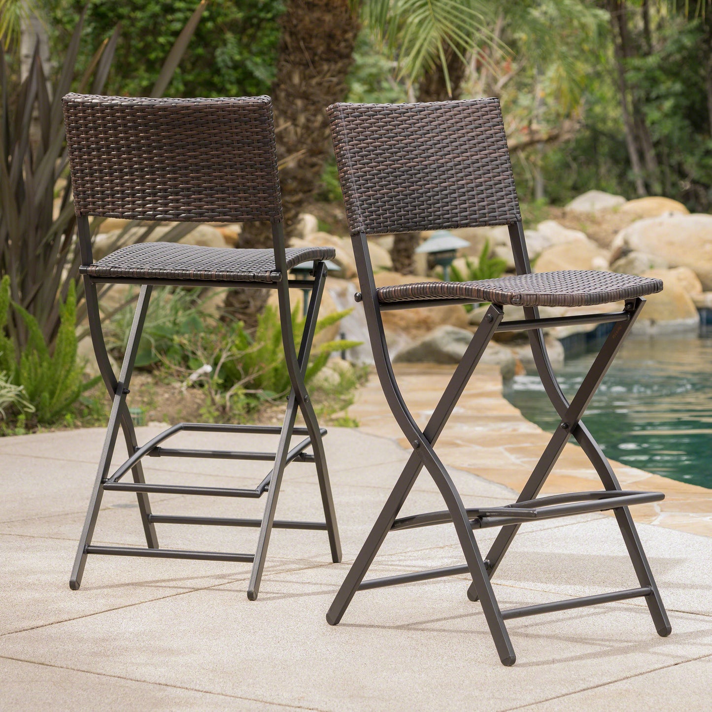 Vimora™ - Outdoor Foldable Wicker Barstools, Faux Rattan Patio Chairs, Brown Multi (Set of 2)