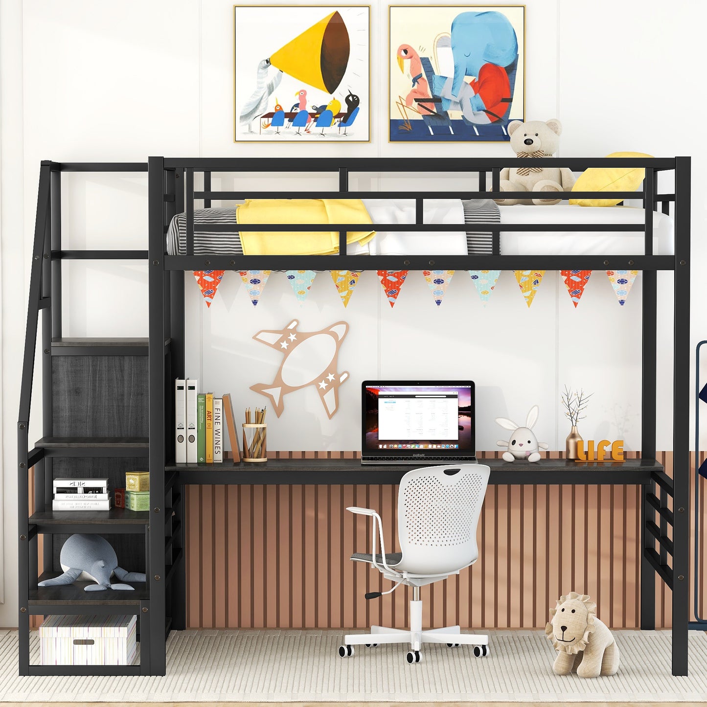 Vimora™ - Full Size Metal Loft Bed with Desk, Storage Staircase and Wardrobe in Black