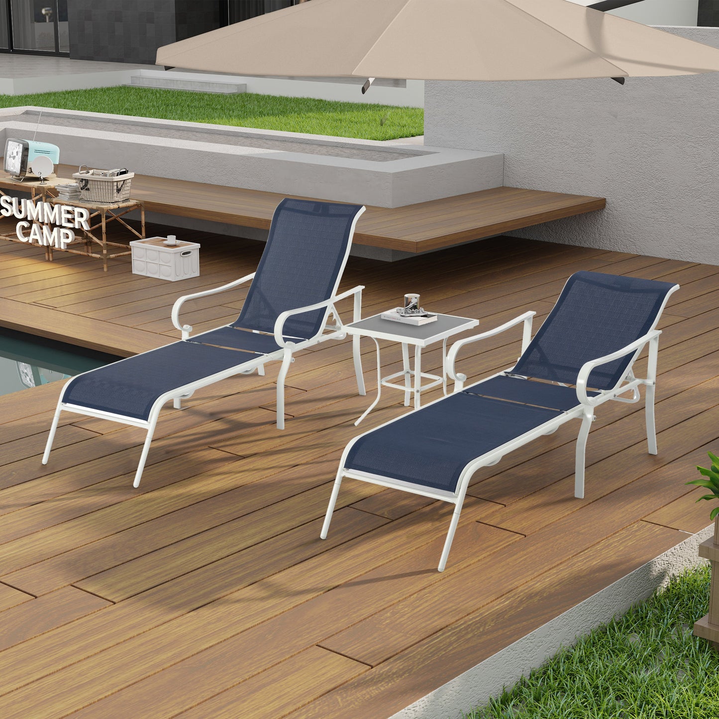 Vimora™ - Classic White-Blue 3-Piece Patio Lounge Chair Set with Adjustable Backrests