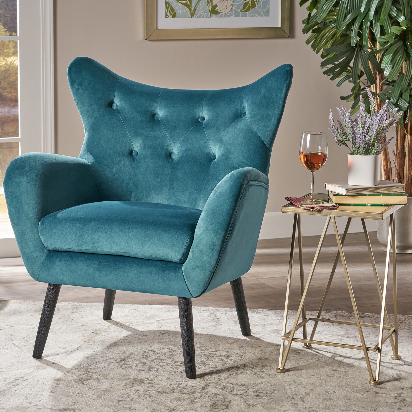 Vimora™ - Teal Velvet Wingback Arm Chair with Tufted Design