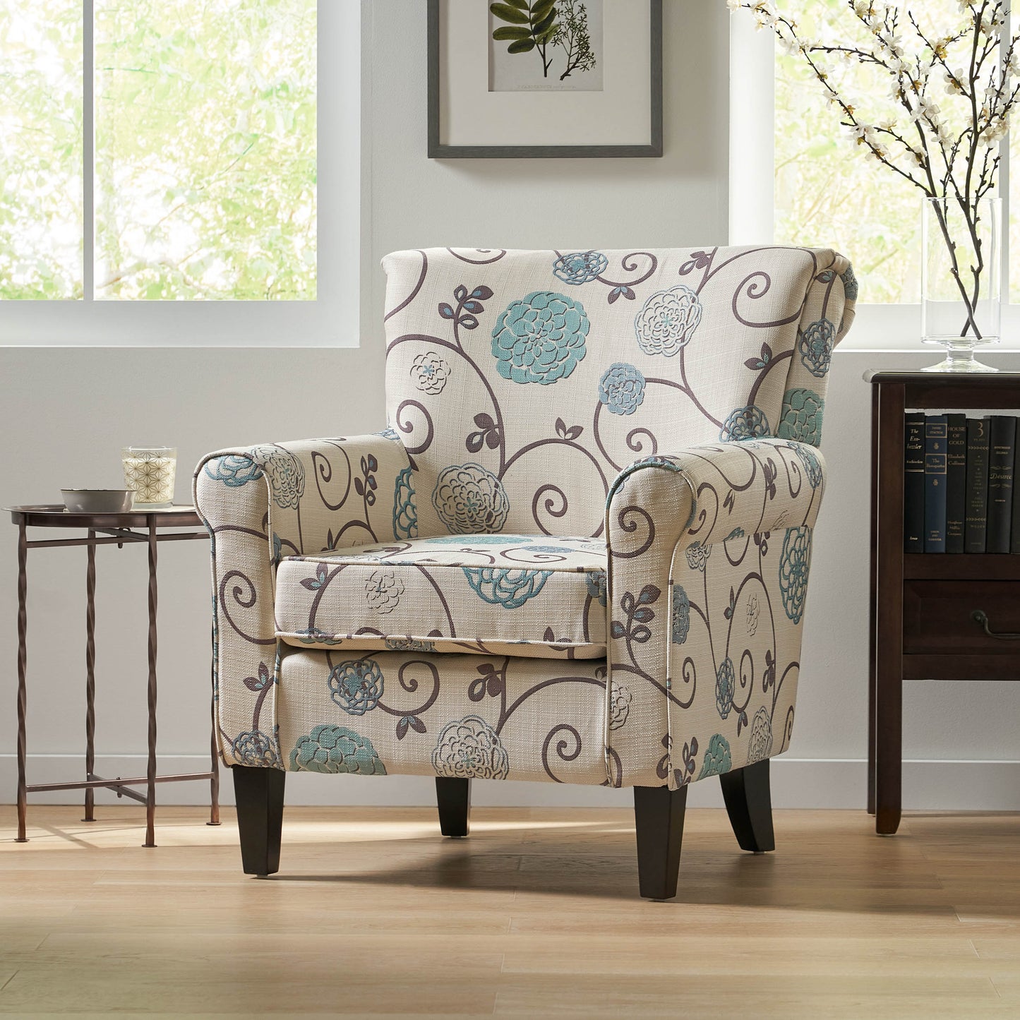 Vimora™ - Jasmine Club Chair in Blue Floral Fabric with Chic Rolled Armrests