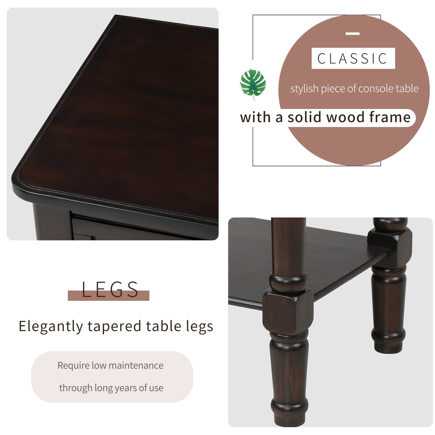 Sophie™️ - Narrow Console Desk with Storage Drawers and Bottom Shelf in Espresso