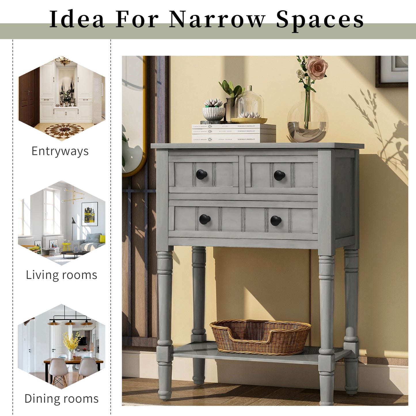 Luca™️ - Grey Washed Narrow Console Desk with 3 Drawers and Bottom Shelf for Living Room