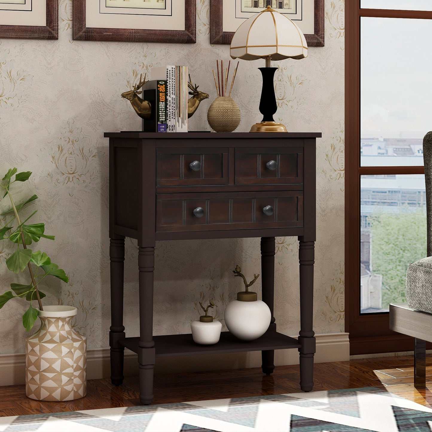 Sophie™️ - Narrow Console Desk with Storage Drawers and Bottom Shelf in Espresso