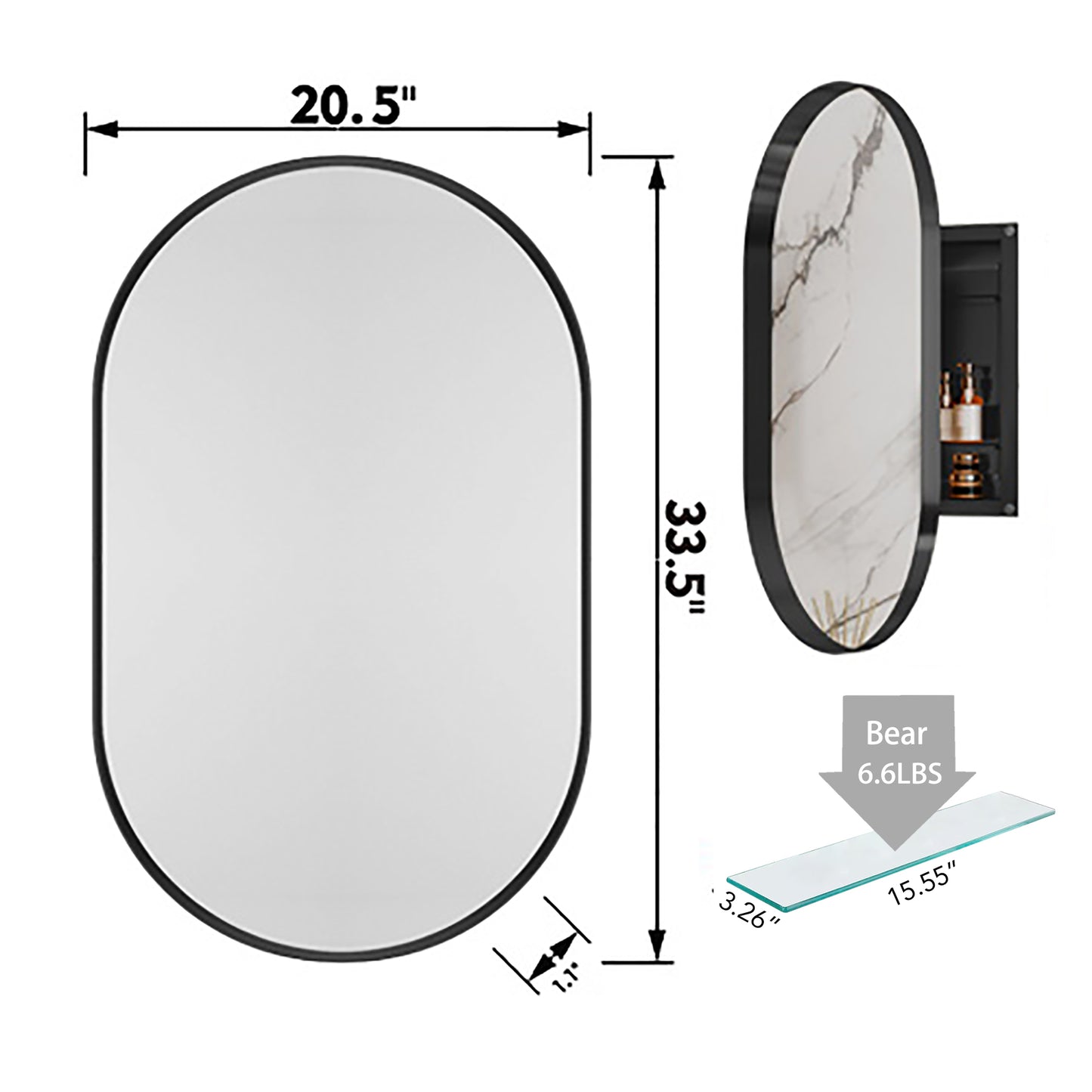 Vimora™ - 20x34 Inch Matte Black Oval Medicine Cabinet with Mirror & Adjustable Shelves
